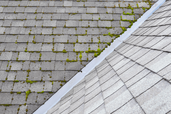House roof shingles, some with moss growing on them