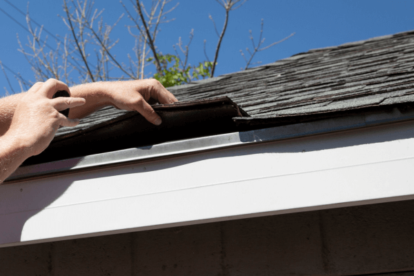 Hands lifting roof shingles at the edge of a roof during an inspection